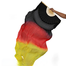 Load image into Gallery viewer, Bold tri-color silk veil fan in black, red, and yellow, suitable for traditional and modern dance styles.