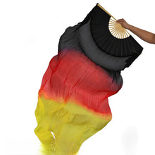 Load image into Gallery viewer, Bold tri-color silk veil fan in black, red, and yellow, suitable for traditional and modern dance styles.