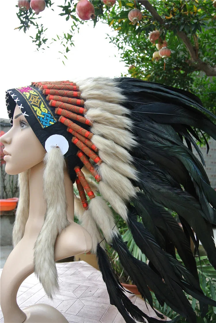 Handmade Black & White Feather Headdress Warbonnet - Authentic Style Indian Chief Costume Accessory for Halloween & Cosplay