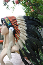 Load image into Gallery viewer, Handmade Black & White Feather Headdress Warbonnet - Authentic Style Indian Chief Costume Accessory for Halloween & Cosplay