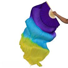 Load image into Gallery viewer, Stunning multi-tone silk veil fan featuring blue, purple, and yellow for dynamic stage effects.