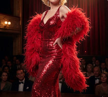 Load image into Gallery viewer, Classic scarlet red ostrich feather boa, a statement piece for dance performances and photo shoots.