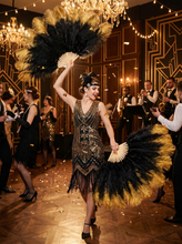Load image into Gallery viewer, Black and gold ostrich feather fans for burlesque performance and vintage style cabaret show