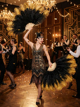Load image into Gallery viewer, Black and gold ostrich feather fans for burlesque performance and vintage style cabaret show