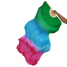 Load image into Gallery viewer, Unique green and magenta contrast silk fan veil, eye-catching colors for vibrant dance performances.