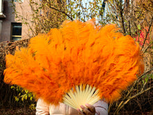 Load image into Gallery viewer, 20x36inch Large Gold Ostrich Feather Fan Burlesque Dance feather fan Bridal Bouquet