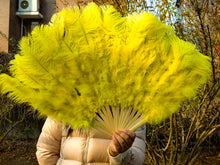 Load image into Gallery viewer, 20x36inch Large Gold Ostrich Feather Fan Burlesque Dance feather fan Bridal Bouquet