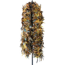 Load image into Gallery viewer, Close-up of a thick feather boa featuring a blend of iridescent green, earthy brown, and vibrant orange turkey feathers.