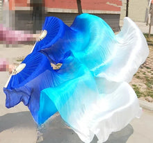 Load image into Gallery viewer, Professional long silk veil fan with vibrant rainbow gradient, ideal for stage performances and belly dance.