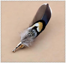 Load image into Gallery viewer, Handcrafted Vintage Feather Lapel Pin & Hat Brooch | Classic Pheasant Feather Boutonniere for Suit & Tuxedo