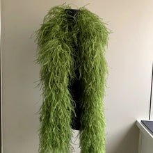 Load image into Gallery viewer, Rich olive green ostrich feather boa, plush feather trimming for luxury evening gowns.