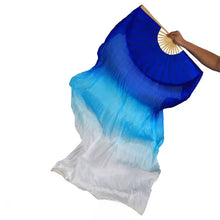 Load image into Gallery viewer, Hand-dyed royal blue to white gradient silk fan veil, high-quality silk for flowing dance movement.