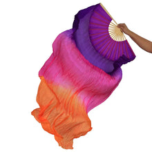 Load image into Gallery viewer, Warm sunset-themed orange and purple gradient silk fan veil, ideal for evening performances.