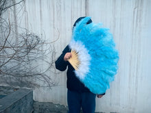 Load image into Gallery viewer, Aqua blue and white ostrich feather fan, two-tone fluffy fan for performances, events and beach-themed parties