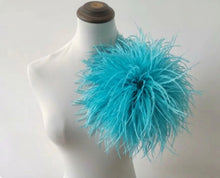 Load image into Gallery viewer, Aqua turquoise ostrich feather brooch, elegant lapel pin for groom suits, beach weddings and summer events