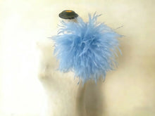 Load image into Gallery viewer, Baby blue ostrich feather brooch, soft lapel pin for spring weddings, formal events and prom