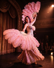 Load image into Gallery viewer, Soft baby pink ostrich feather fan, elegant handheld prop for cabaret dancers and vintage events.