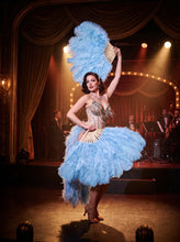 Load image into Gallery viewer, Elegant baby blue ostrich feather fan with sturdy staves, professional dance fan for stage show.