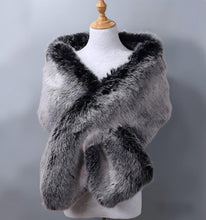 Load image into Gallery viewer, Black faux fur wrap with white tips, dramatic stole for weddings, formal events and evening gowns