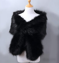 Load image into Gallery viewer, Black faux fur wrap, classic and dramatic stole for weddings, evening gowns and formal events
