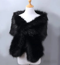 Load image into Gallery viewer, Black faux fur wrap, classic and dramatic stole for weddings, evening gowns and formal events