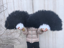 Load image into Gallery viewer, Oversized black marabou feather fan, dramatic and fluffy handheld fan for burlesque shows, stage performances and themed parties