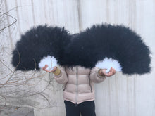 Load image into Gallery viewer, Oversized black marabou feather fan, dramatic and fluffy handheld fan for burlesque shows, stage performances and themed parties