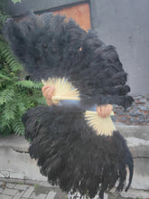 Load image into Gallery viewer, Black ostrich feather fan, dramatic and elegant handheld fan for burlesque performances, events and themed parties