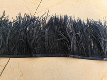 Load image into Gallery viewer, Dense black ostrich feather fringe trim, perfect for sewing on dresses, sleeves, and home decor.
