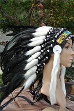 Load image into Gallery viewer, Black & White Feather Warbonnet - Handmade Native American Inspired Headdress for Photoshoots & Events