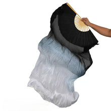 Load image into Gallery viewer, Black and white gradient silk veil fan, dramatic handheld fan for gothic events, burlesque performances and themed parties