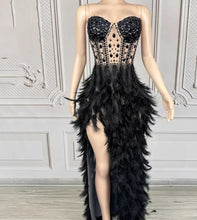 Load image into Gallery viewer, black feathered and beaded dress