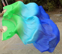 Load image into Gallery viewer, Blue and green gradient silk veil fan, vibrant handheld fan for stage shows, performances, themed parties and events