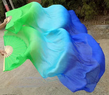 Load image into Gallery viewer, Blue and green gradient silk veil fan, vibrant handheld fan for stage shows, performances, themed parties and events