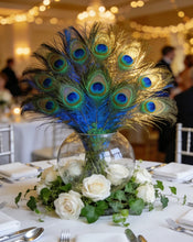 Load image into Gallery viewer, Blue-green peacock feather centerpiece, vibrant table decor for weddings, events and home decor