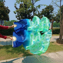 Load image into Gallery viewer, Blue and green silk veil fan, lightweight handheld fan for burlesque performances, belly dance, festivals and photoshoots
