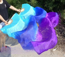 Load image into Gallery viewer, Blue and purple gradient silk veil fan, elegant handheld fan for performances, themed parties, photoshoots and special occasions