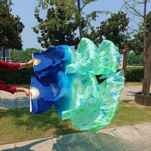 Load image into Gallery viewer, Blue and teal gradient silk veil fan, elegant handheld fan for performances, themed parties, photoshoots and special occasions