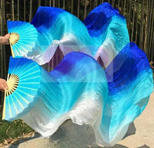 Load image into Gallery viewer, Blue and white gradient silk veil fan, vibrant handheld fan for stage shows, performances, themed parties and events