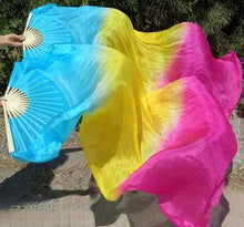 Load image into Gallery viewer, Blue yellow pink gradient silk veil fan, multi-color handheld fan for festivals, pride events, performances and photoshoots