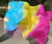 Load image into Gallery viewer, Blue yellow pink silk veil fan, multi-color handheld fan for festivals, pride events, performances and photoshoots