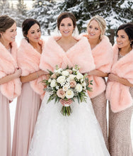 Load image into Gallery viewer, Blush pink faux fur wrap worn by bridesmaids at a wedding, elegant and warm stole for winter events