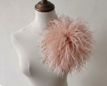 Load image into Gallery viewer, Blush pink ostrich feather brooch, romantic lapel pin for weddings, bridal parties and formal occasions