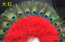 Load image into Gallery viewer, bright red peacock and ostrich feather fan, showing intricate patterns and texture