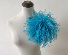Load image into Gallery viewer, Bright turquoise ostrich feather brooch, vibrant lapel pin for beach weddings, festivals and formal events