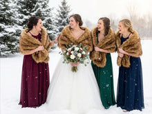 Load image into Gallery viewer, Brown faux fur wrap worn by bridesmaids at a wedding, classic and elegant stole for formal events
