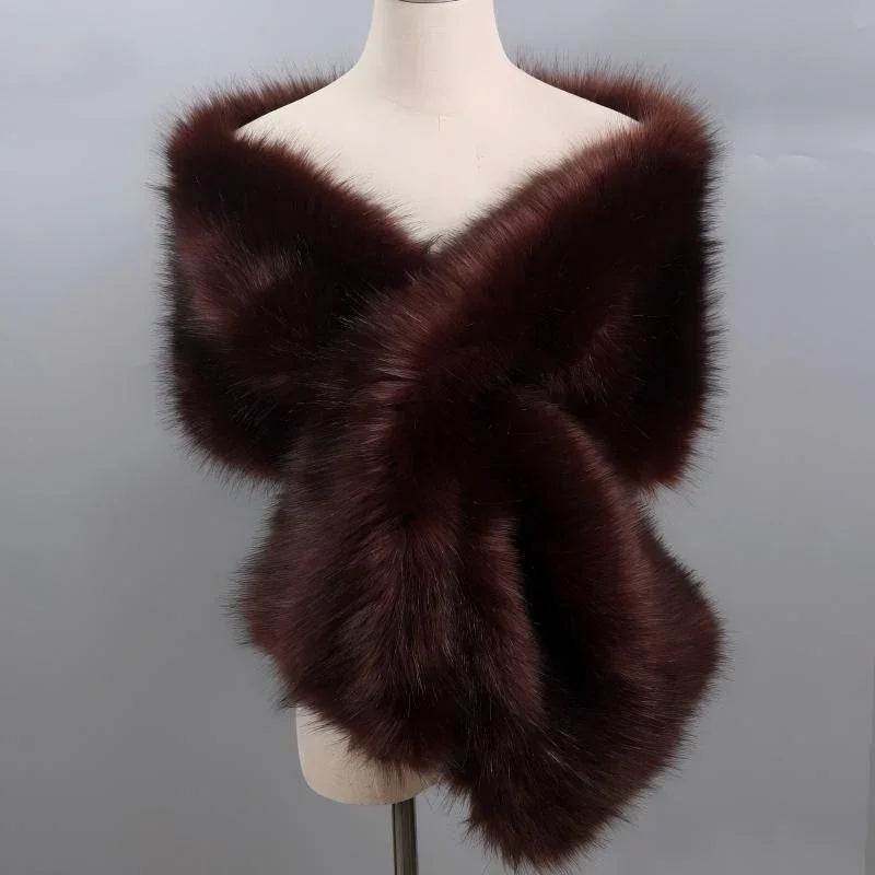 Brown faux fur wrap worn by bridesmaids at a wedding, classic and elegant stole for formal events