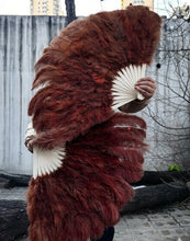 Load image into Gallery viewer, brown ostrich feather fan, warm-toned fluffy fan for burlesque shows, performances and events