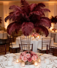 Load image into Gallery viewer, Large burgundy ostrich feather centerpiece, dramatic table decor for weddings, banquets and special occasions