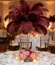 Load image into Gallery viewer, Large burgundy ostrich feather centerpiece, dramatic table decor for weddings, banquets and special occasions